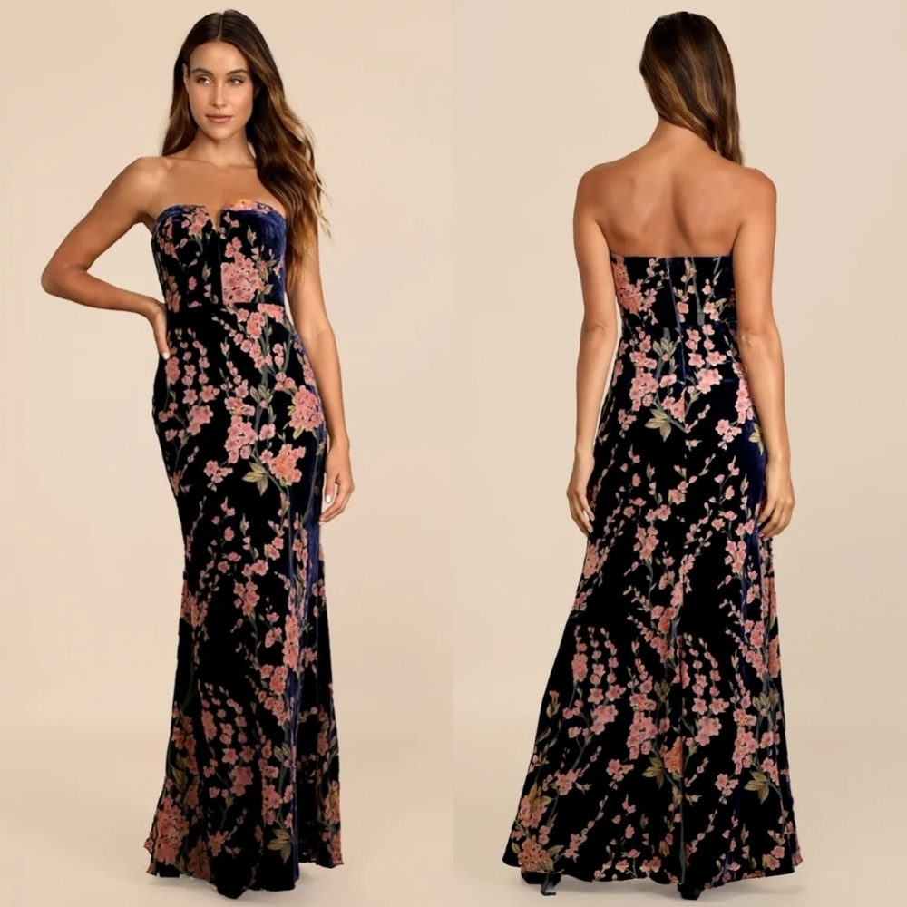 Lulu's Black Velvet Strapless Maxi Dress with Pink Floral Print
